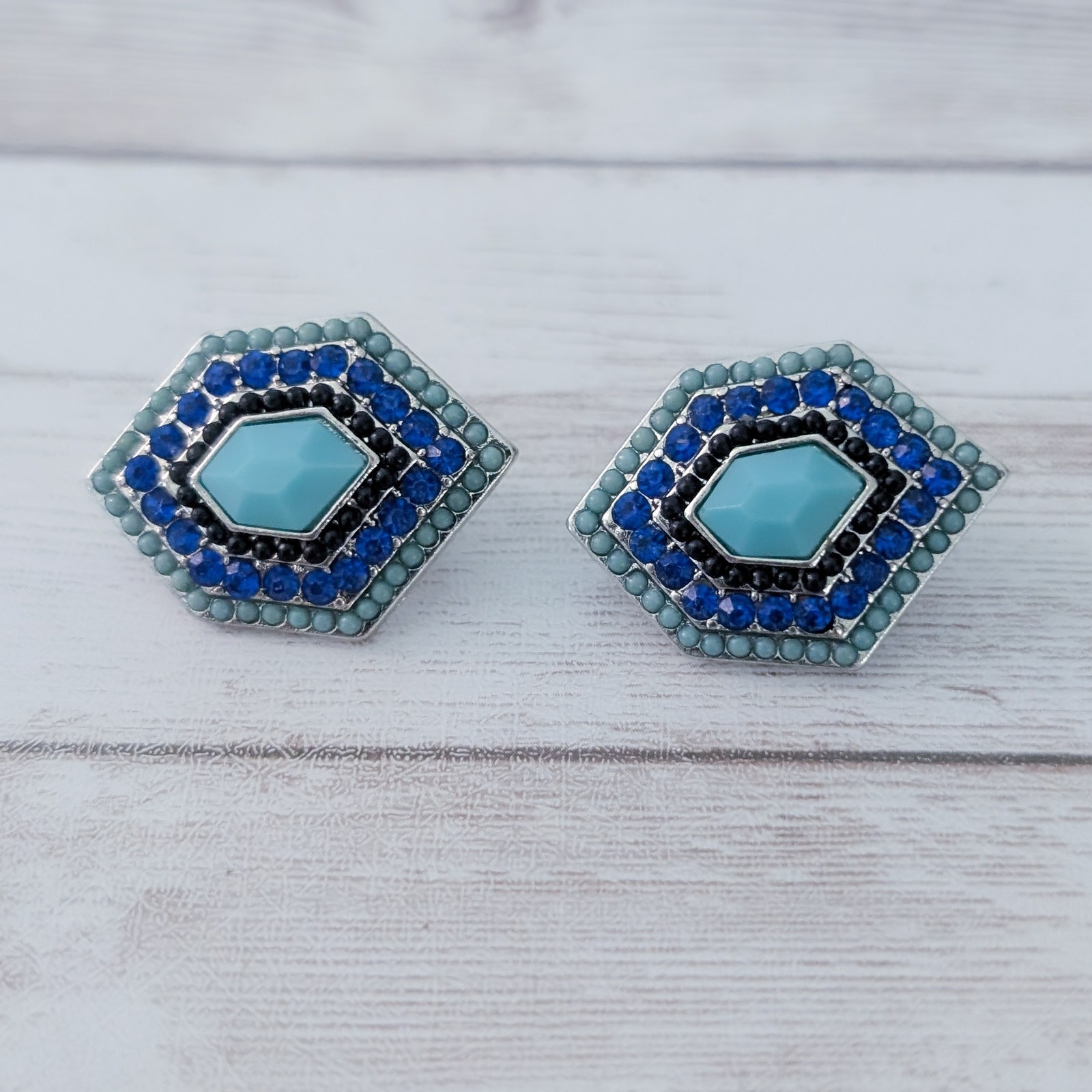 Vintage Clip On Earrings – Large Statement Blue & Turquoise Tones 1 & 1/8″