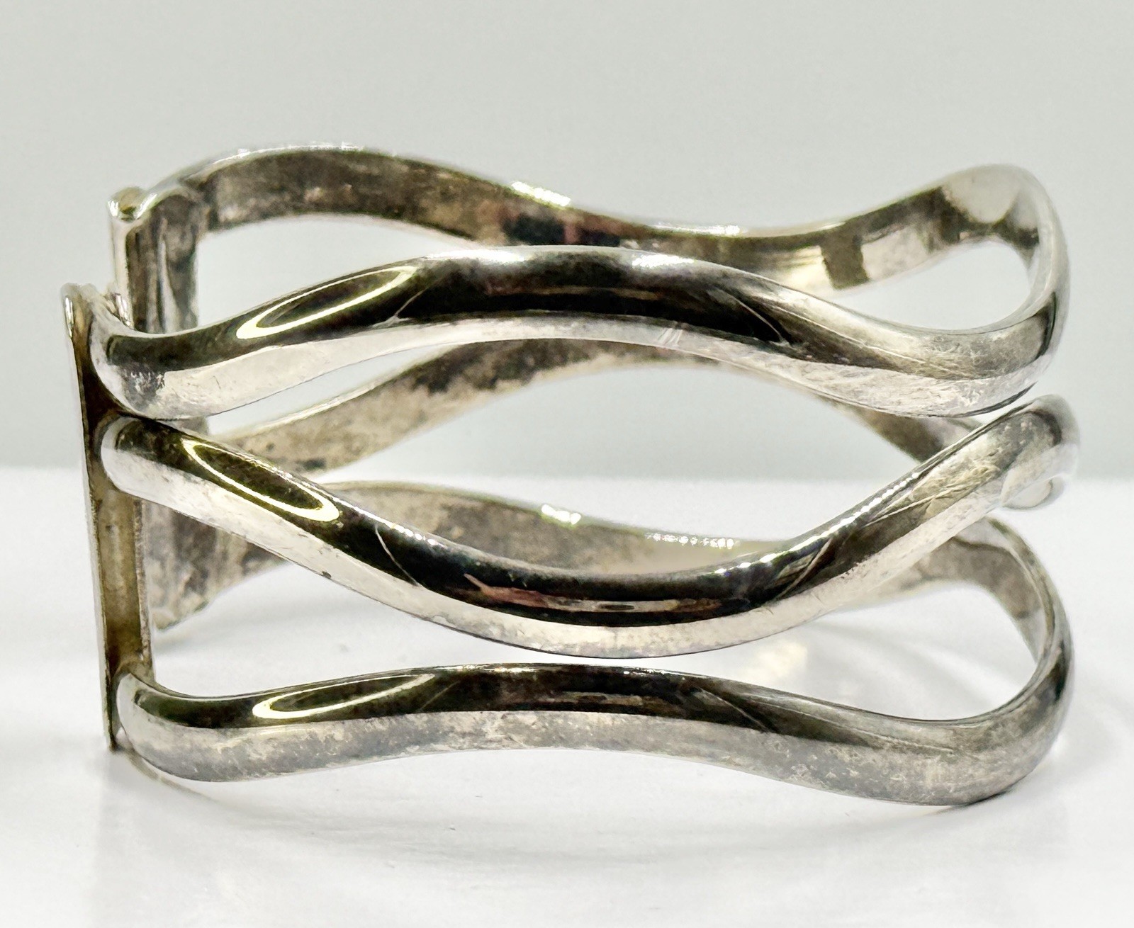 Vintage Bracelet Silver Plated Waves Adjustable Wide Sz 6.75 Tested