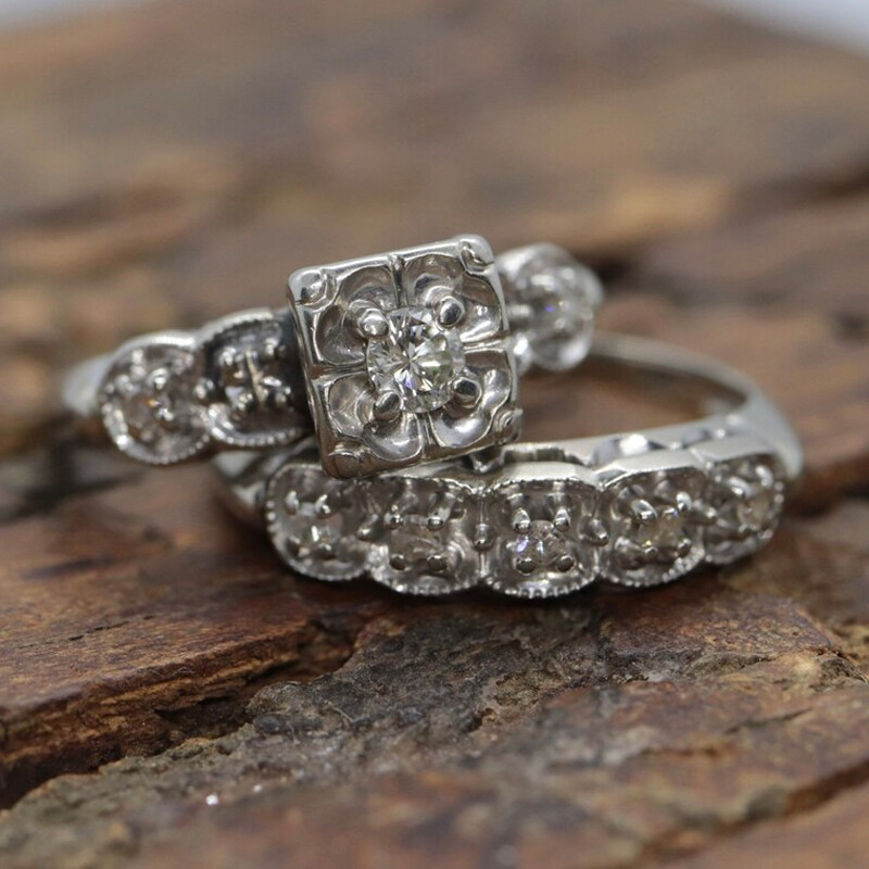 2 CTW White Round Simulated Diamond Art Deco Antique Style 925 Silver Ring Set