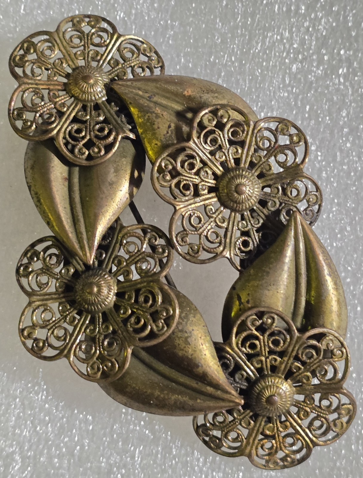 Antique Vintage Floral Filigree Brass Riveted Circle style Brooch