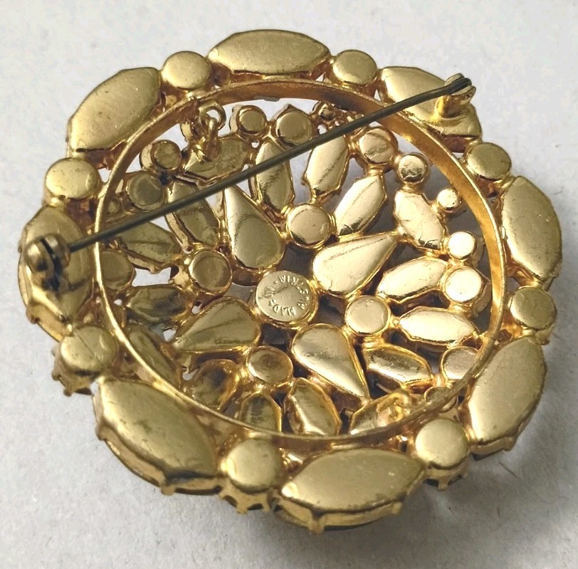 Large Vintage Austria Topaz Clear Crystal Round Circle Domed Brooch Pin (nice)