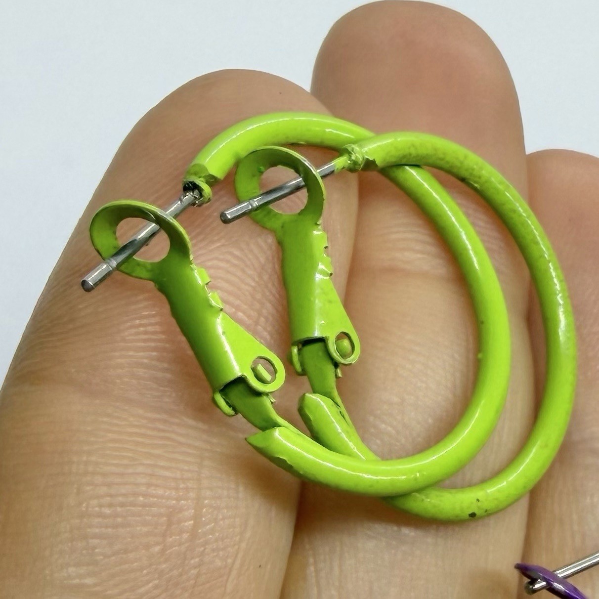 Vtg Lime Green Dark Purple 1970’s Enamel Full Hoop Omega Earrings Lot Tube Two