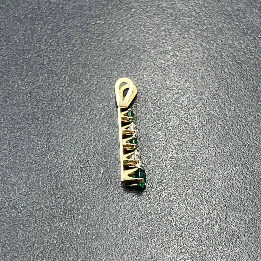 10k Yellow Gold Round Prong Set Emerald and CZ Linear Vertical May Pendant