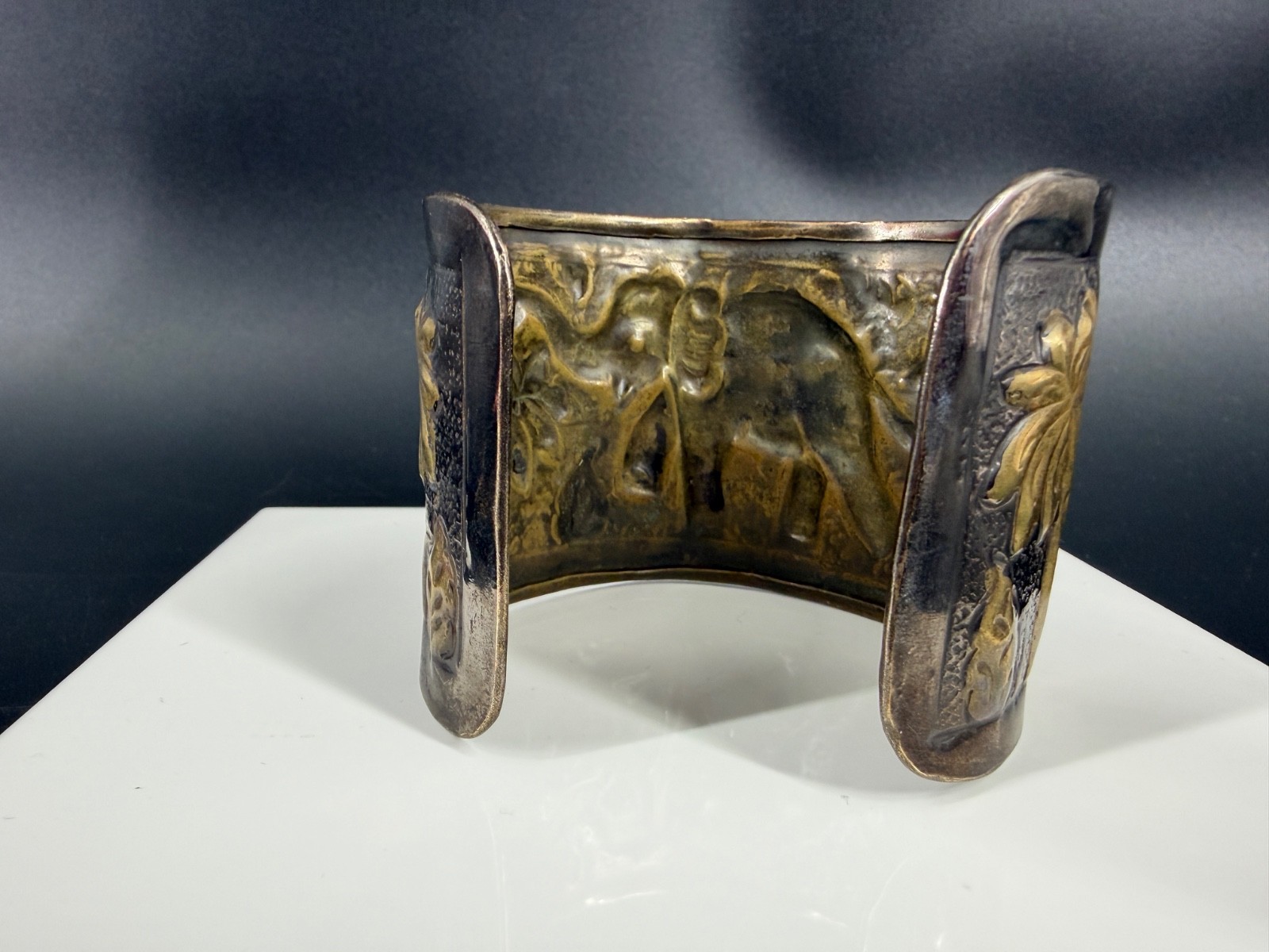 Boho Elephant Cuff Bracelet Wide Brass Copper Tone India Tribal Safari Festival