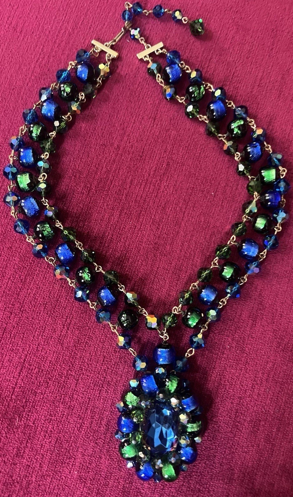 GORGEOUS VTG STATEMENT DESIGNER NECKLACE VENETIAN FOILED BLUE/GREEN GLASS BEADS