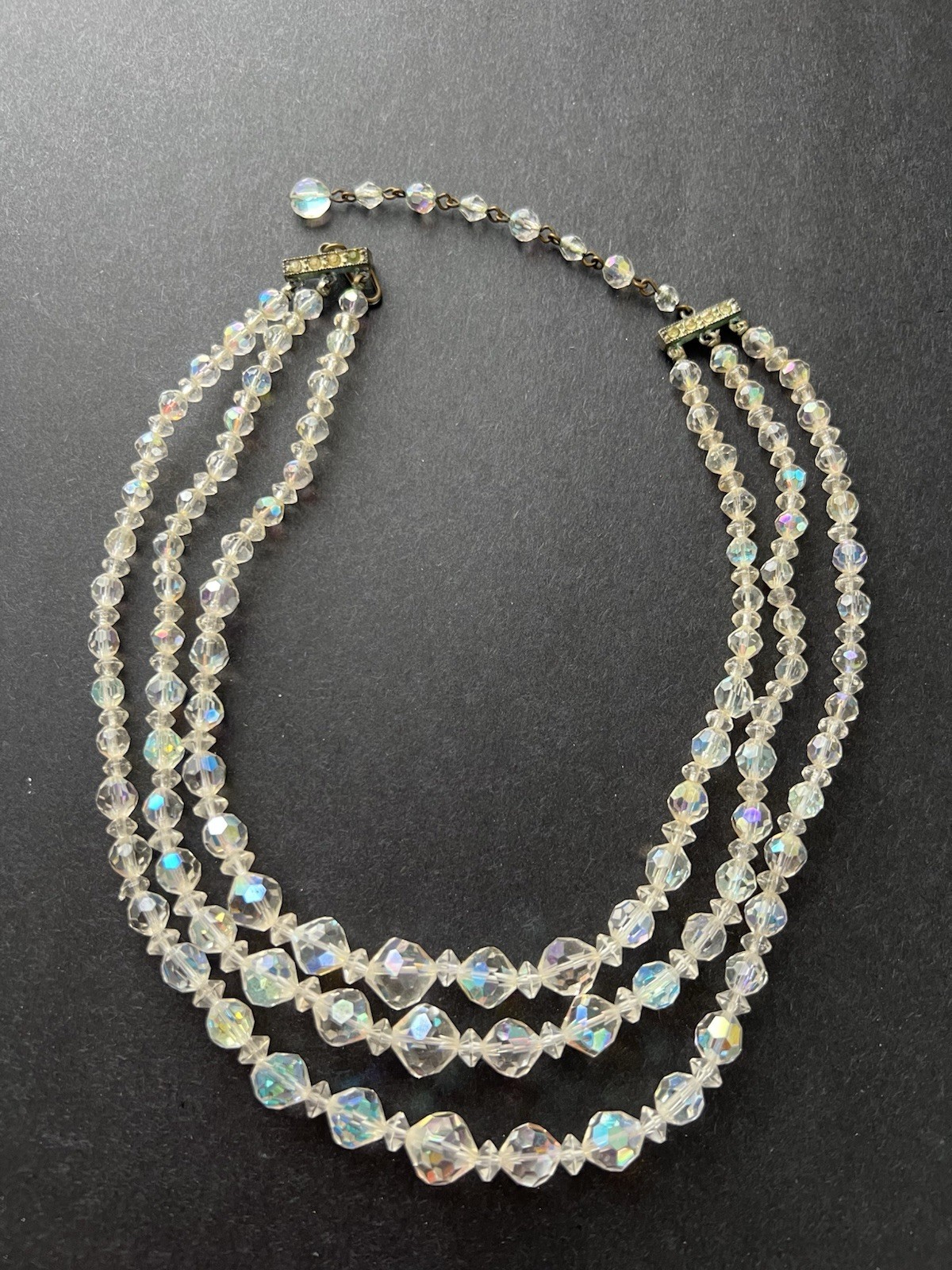 Vintage 3 Strand AB Aurora Borealis Crystal Glass Faceted Bead Necklace Crafts