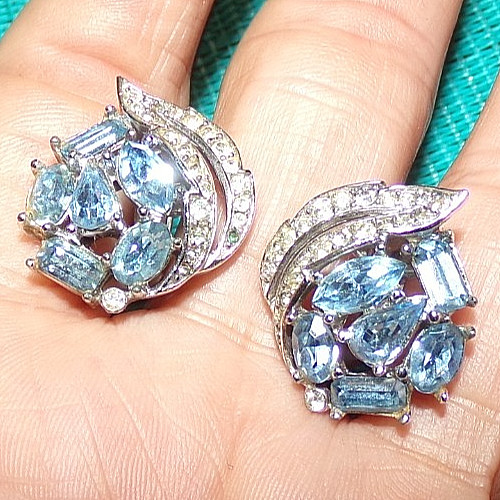 RARE!! signed Crown Trifari earrings with amazing blue stones-OMG!!