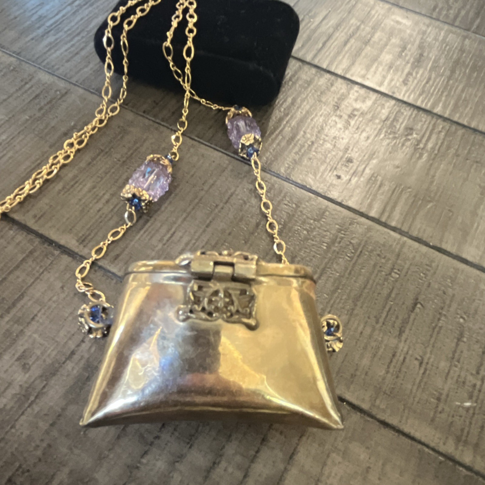 Antique Iris Lane pillow purse, necklace brass on gold filled chain.