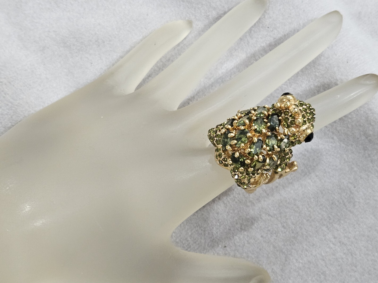 Real Collectibles By Adrienne Whimsical gold tone green crystal frog Signed PJM.