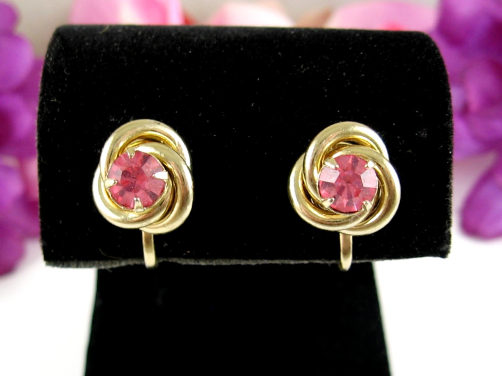 CORO Pink Rhinestone Vintage Screw Back EARRINGS Love Knot Goldtone 1/2″