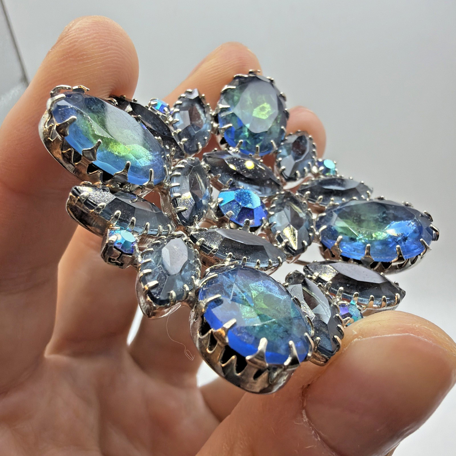 Vintage Aurora Borealis Crystal Brooch Blue Teal Silver Toned