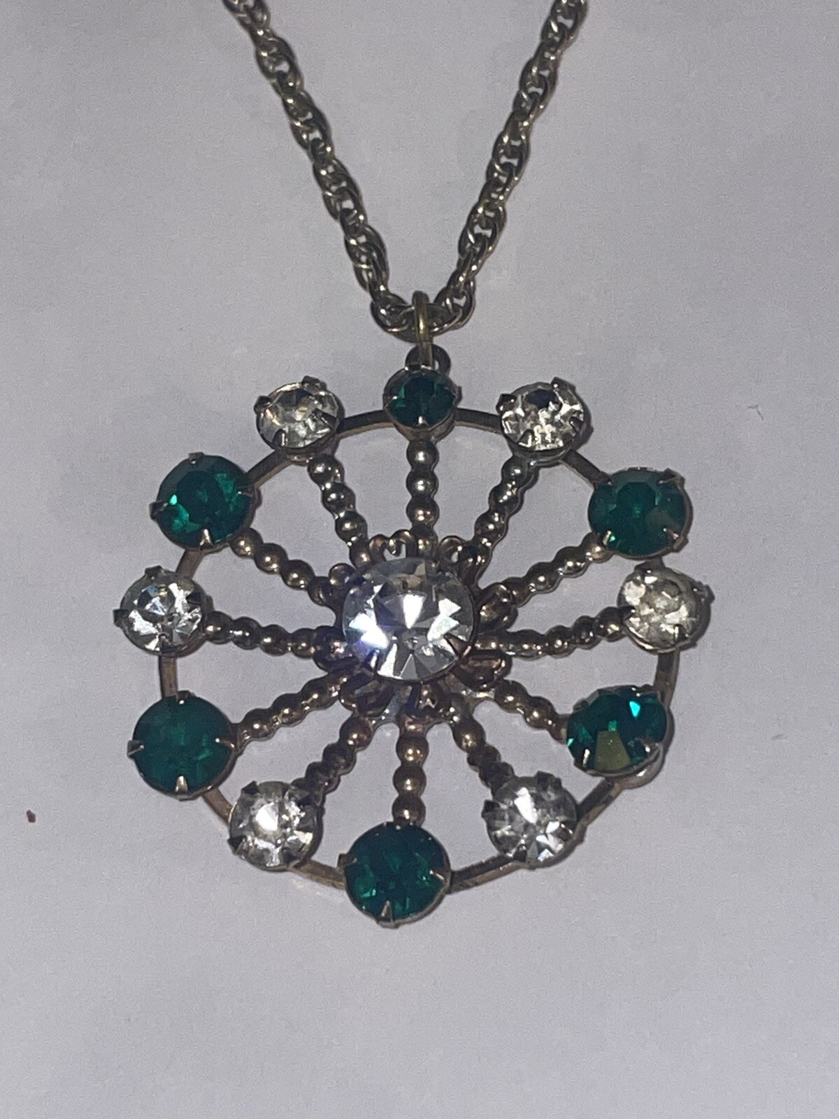Vintage CA Co 12K Gold Filled 24″ w Green & Clear Stone Starburst Pendant🌺🌺