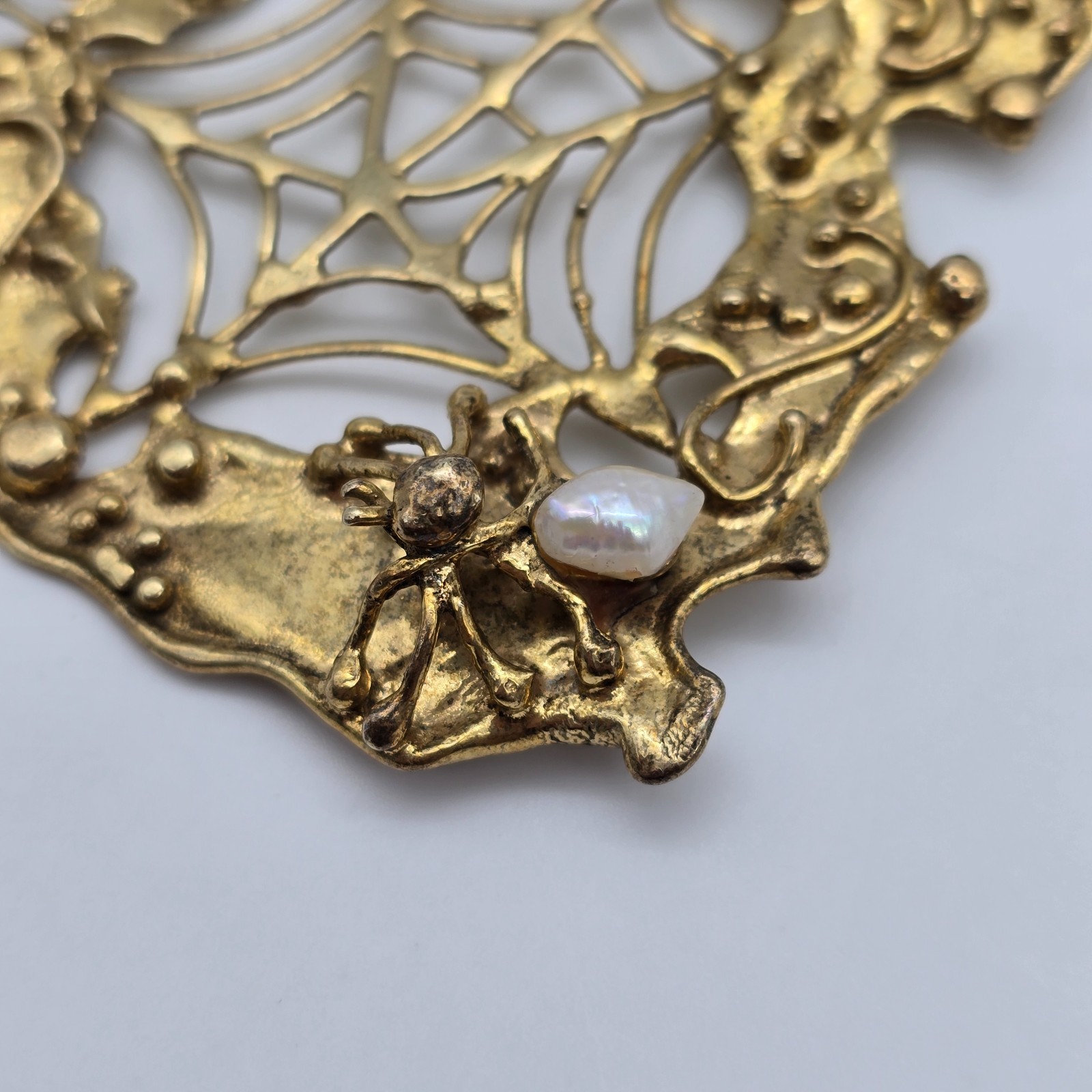 VTG Abstract Brutalist Spider Web Gold over Sterling Pearl Pendant Earrings Set