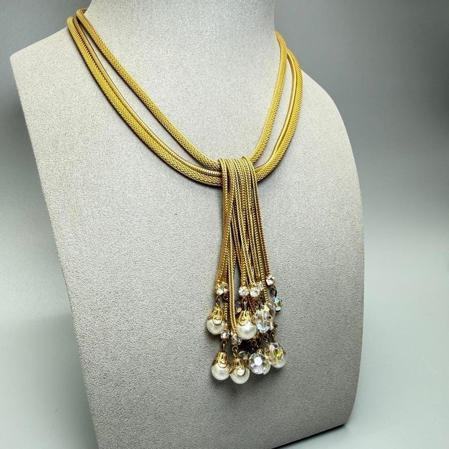 Vintage Gold Tone Mesh Chain Necklace Tassel Crystals 17″ Statement Adjustable