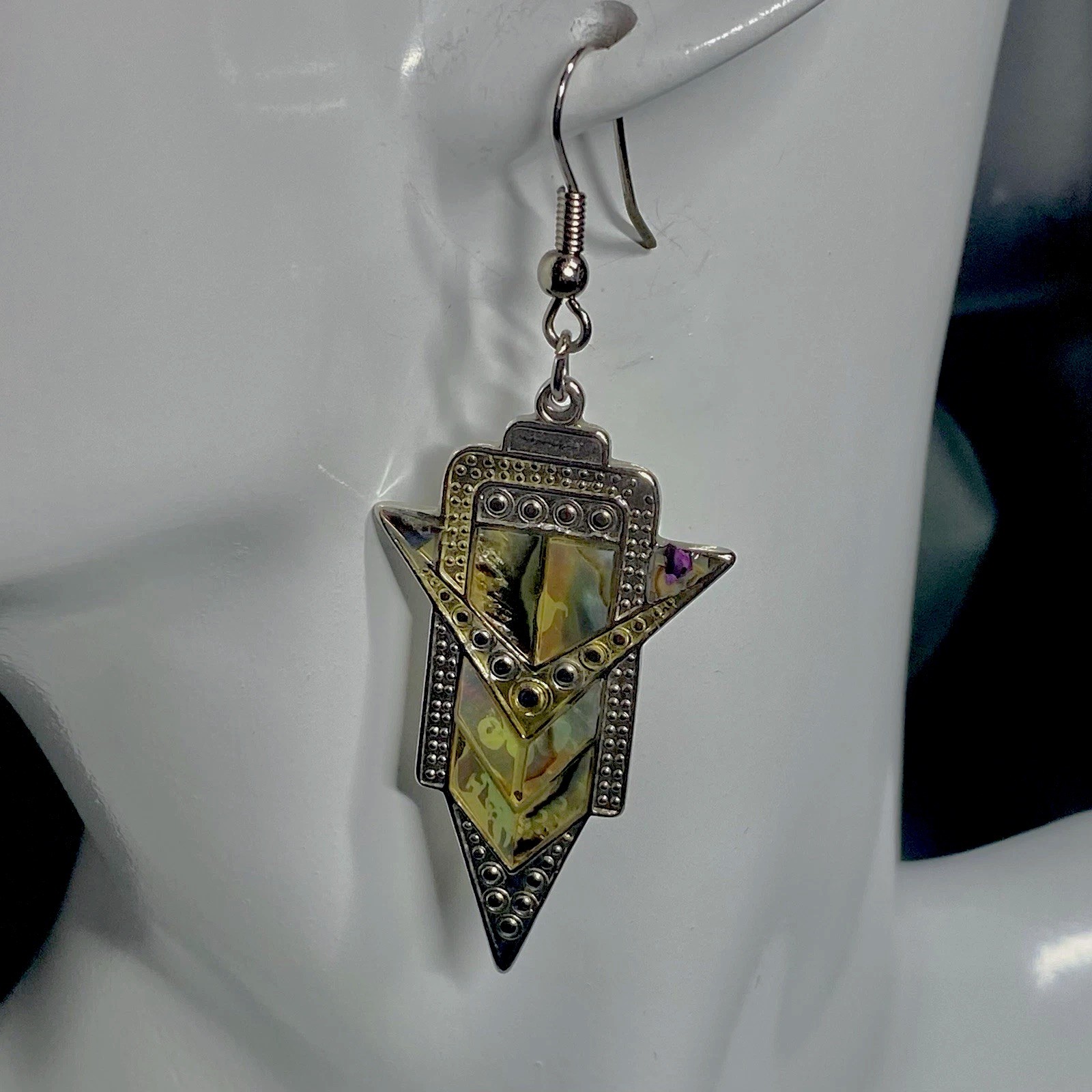 Art Deco Inlaid NZ Pāua Shell on Dangle Earrings 13g, Length Approximately 2”