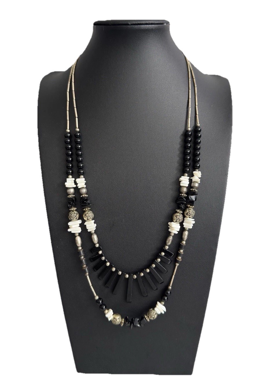 Vtg Silver Tone Liquid Silver Black Onyx Bead & Fringe 2-Strand Layered Necklace