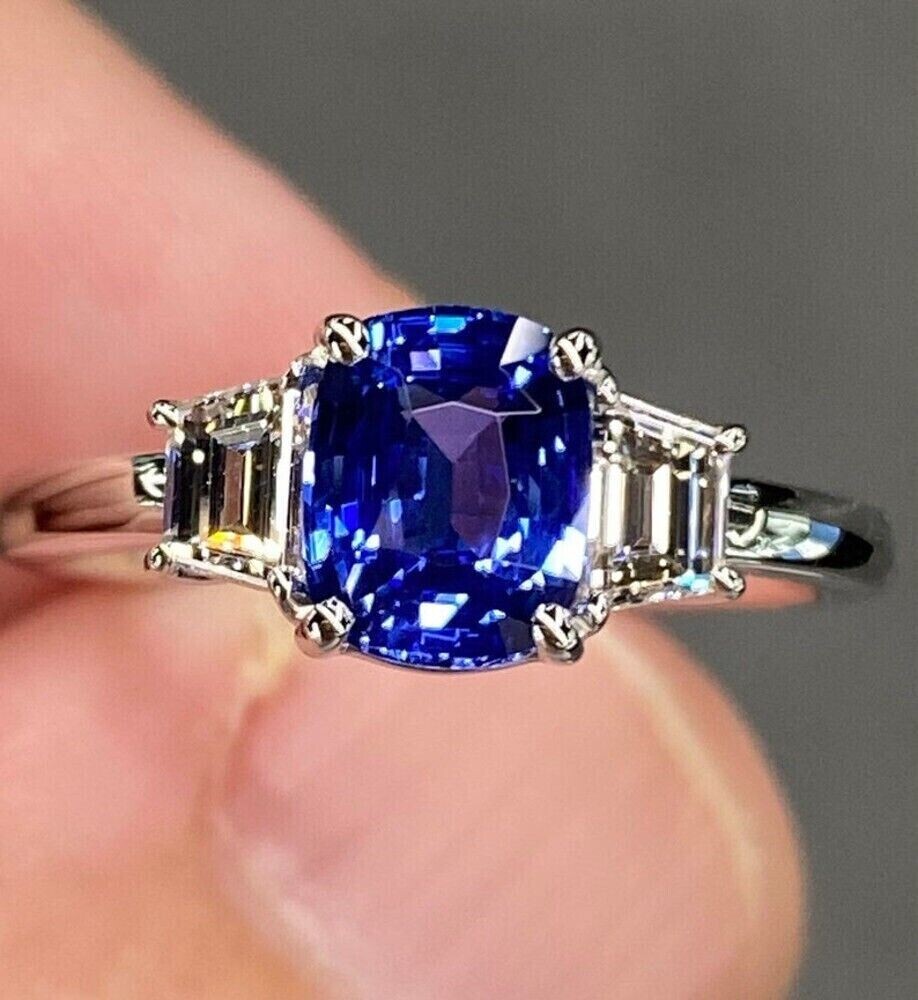 Cushion Cut Sapphire & Lab Created Diamond Three-Stone Wedding 925 Silver Ring