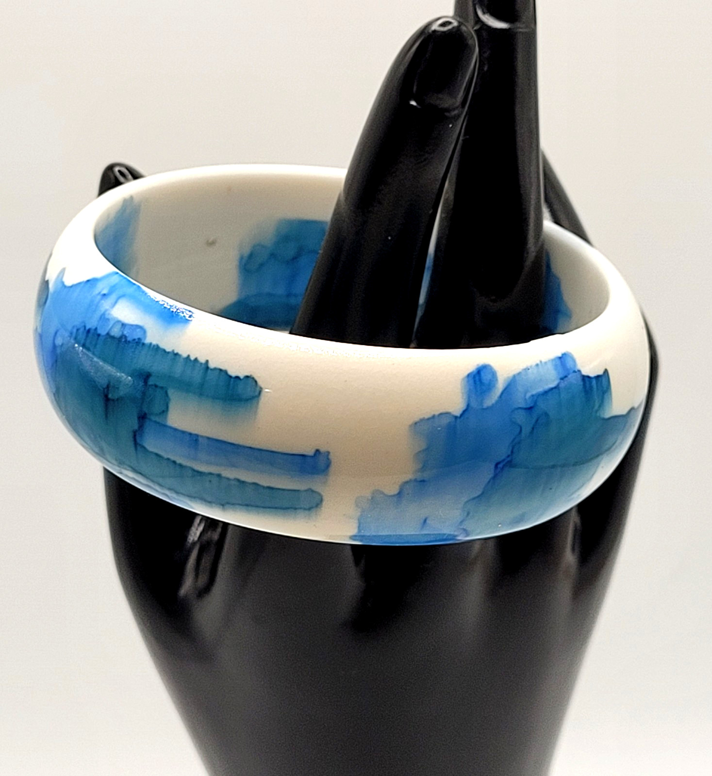 Marbled Watercolor Ink Blot Design Blue White Acrylic Chunky Bangle Bracelet