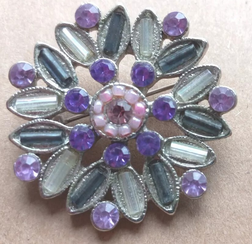 BROOCH CRYSTALS BEADS PINKS PURPLES GRAYS & IRRADESCENT CLEARS HEAVY SILVER TONE