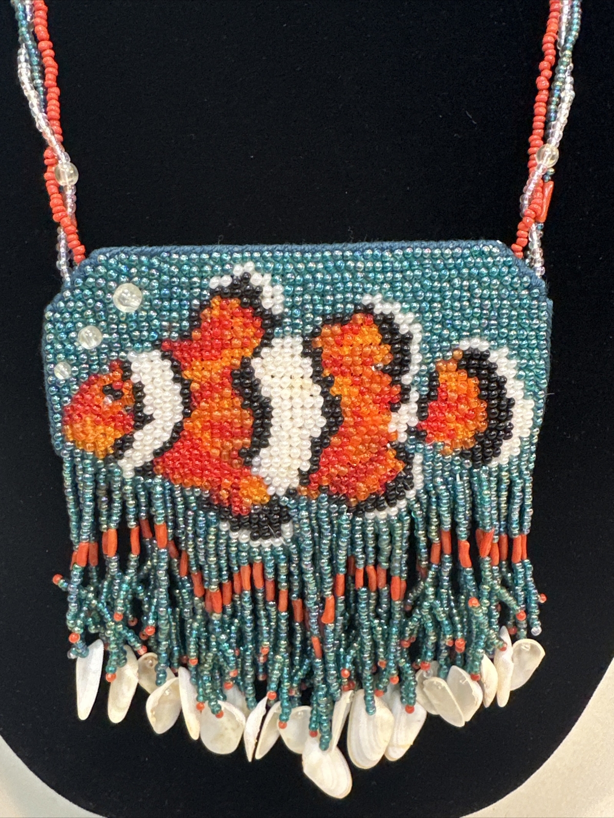Vintage Handmade Orange Fish Sead Bead Southwestern Necklace With Fringe-Shells