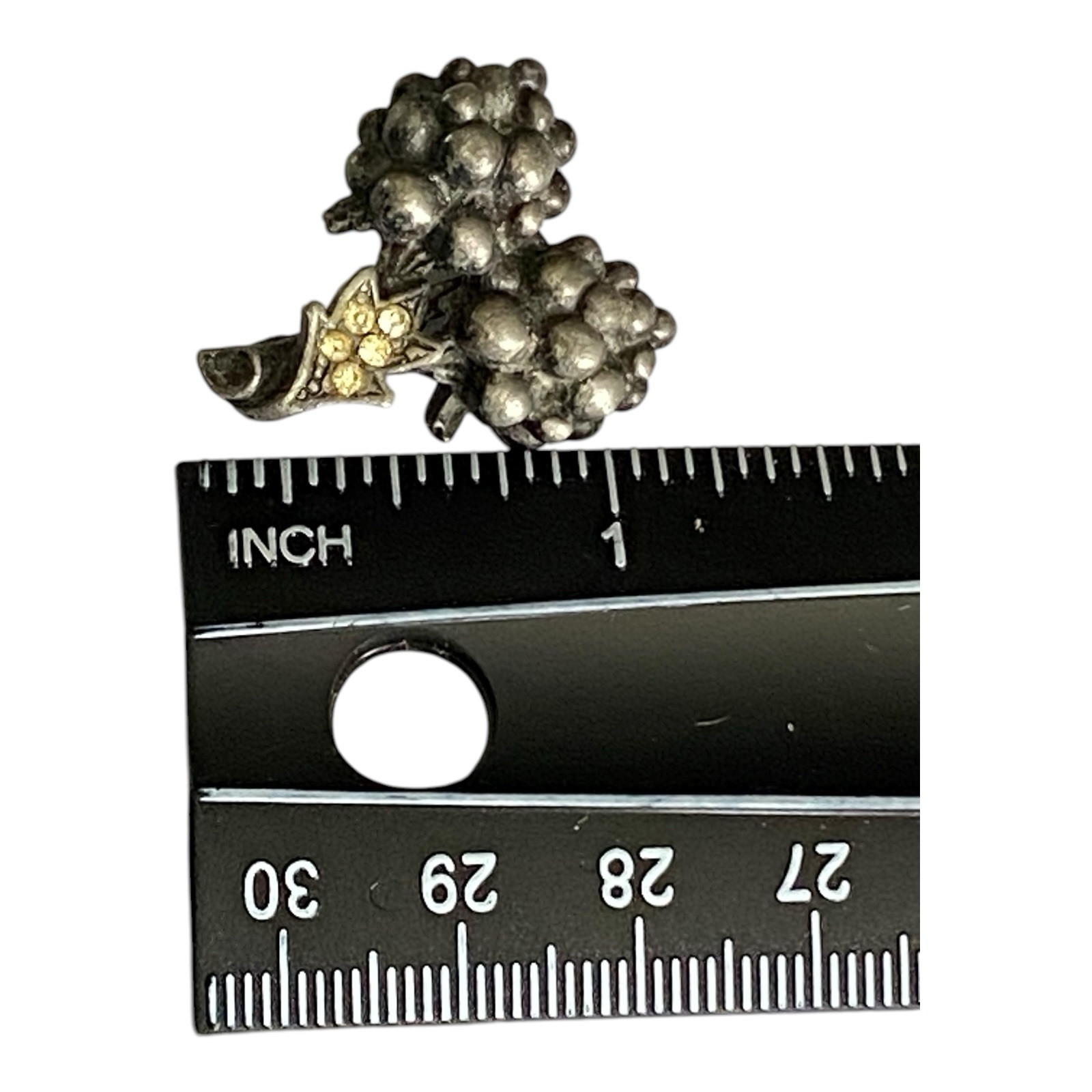 Vintage Bunch Of Grapes Brooch Lapel Pin Cluster Fruit Silver Tone Rhinestone