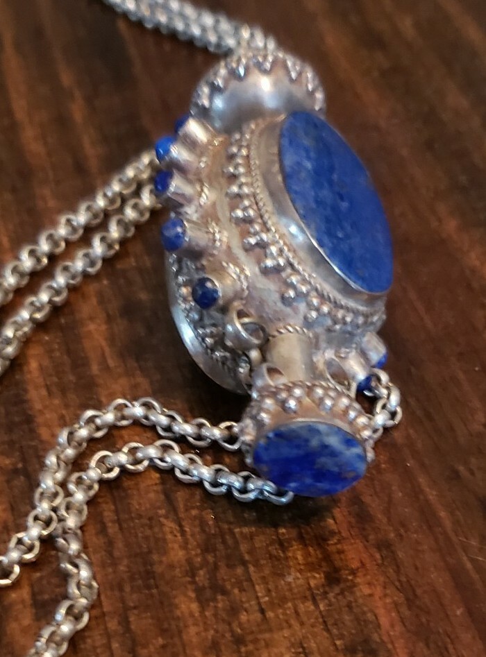 Vintage Sterling silver lapis Perfume Bottle Necklace 64 Grams