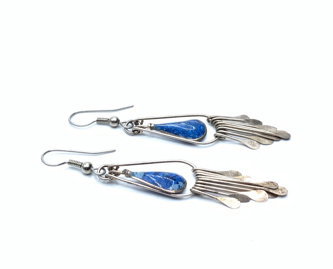 Vintage Southwest Nickel Silver Mix Metal Blue Resin Drop Dangle Hook Earrings
