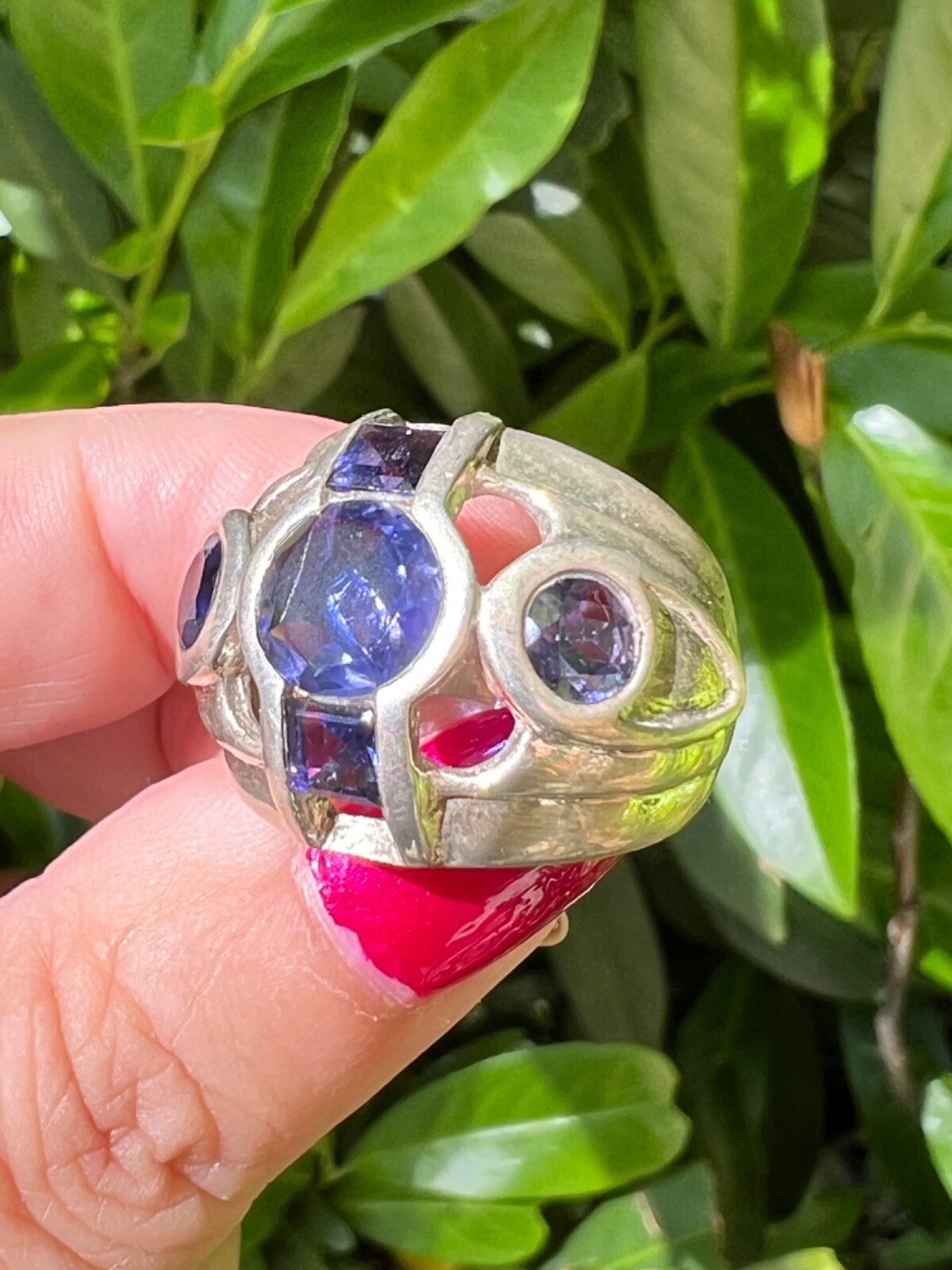 VINTAGE TANZANITE & IOLITE WIDE BAND RING 925 STERLING SLVER UNIQUE HEAVY CHUNKY