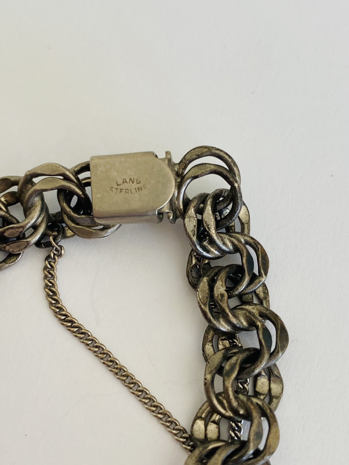 Vintage Signed sterling Silver Double Rolo Link Chain Charm Bracelet 19-Grams