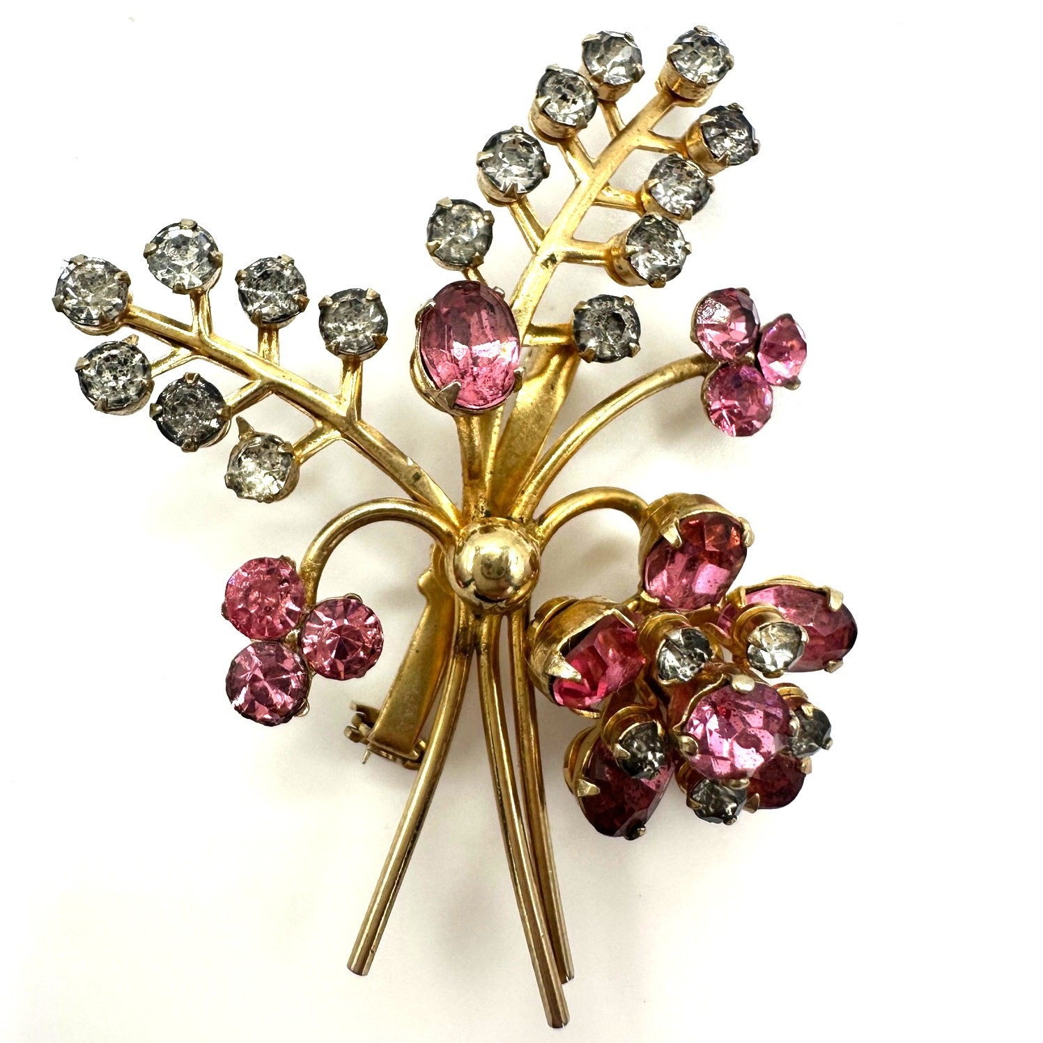 Vintage gold tone pink clear rhinestones flowers floral bouquet brooch pin