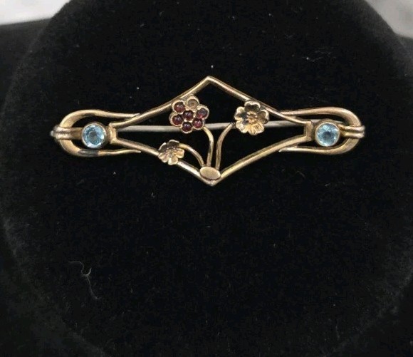 Antique Art Nouveau Floral Brooch Garnet Cluster Blue Glass Stones Gold Tone