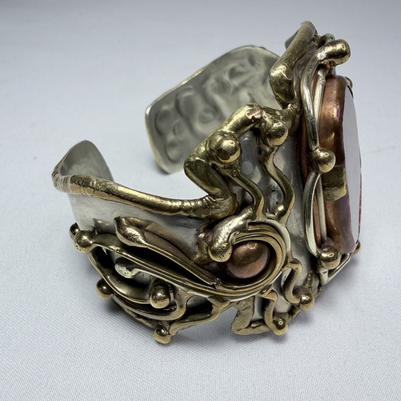 Beautiful Brutalist Mixed Metal Cuff Bracelet Brass & Copper Large Natural Stone