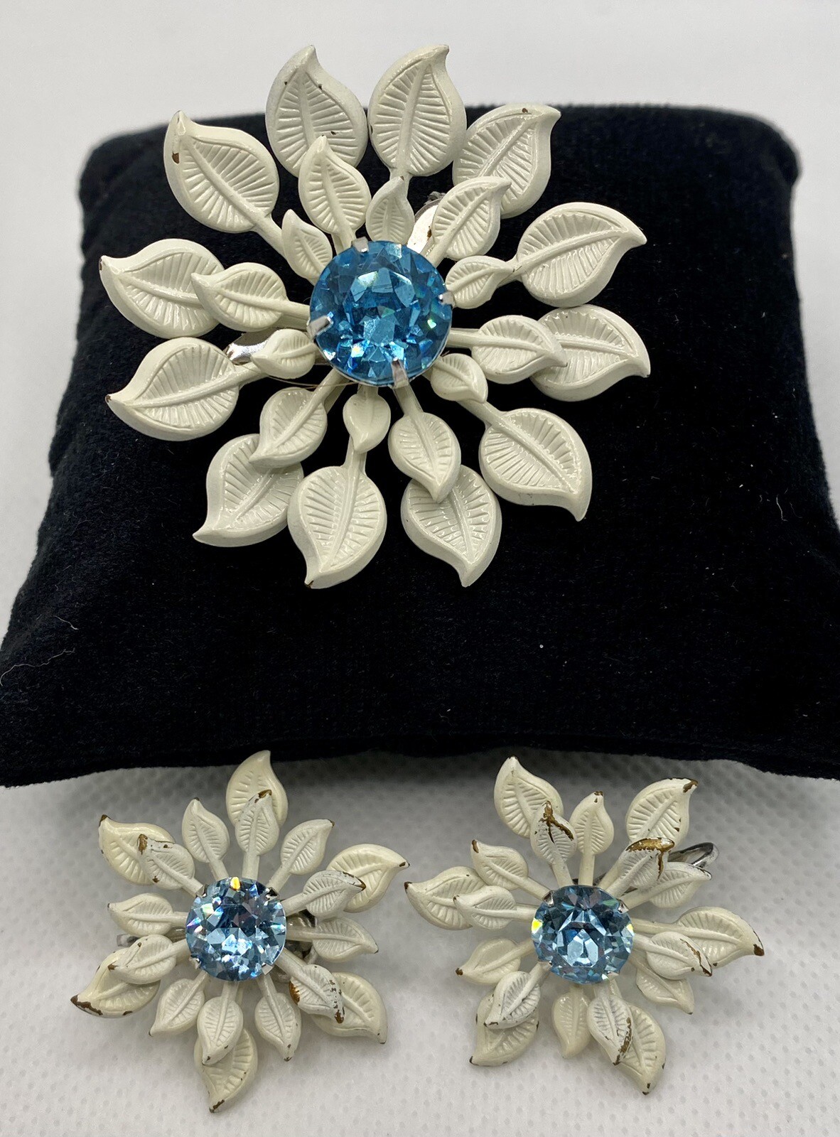 Vintage White Enamel Blue Topaz Rhinestone Flower Brooch & Clip-on Earring Set