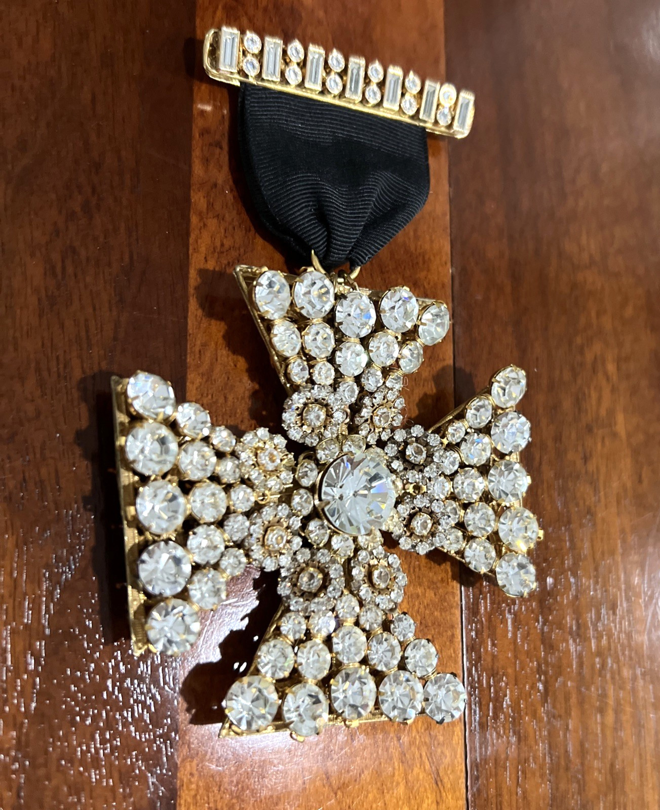 VTG. SIGNED MIRIAM HASKELL RHINESTONE MALTESE CROSS on RIBBON & CROSS BAR BROOCH