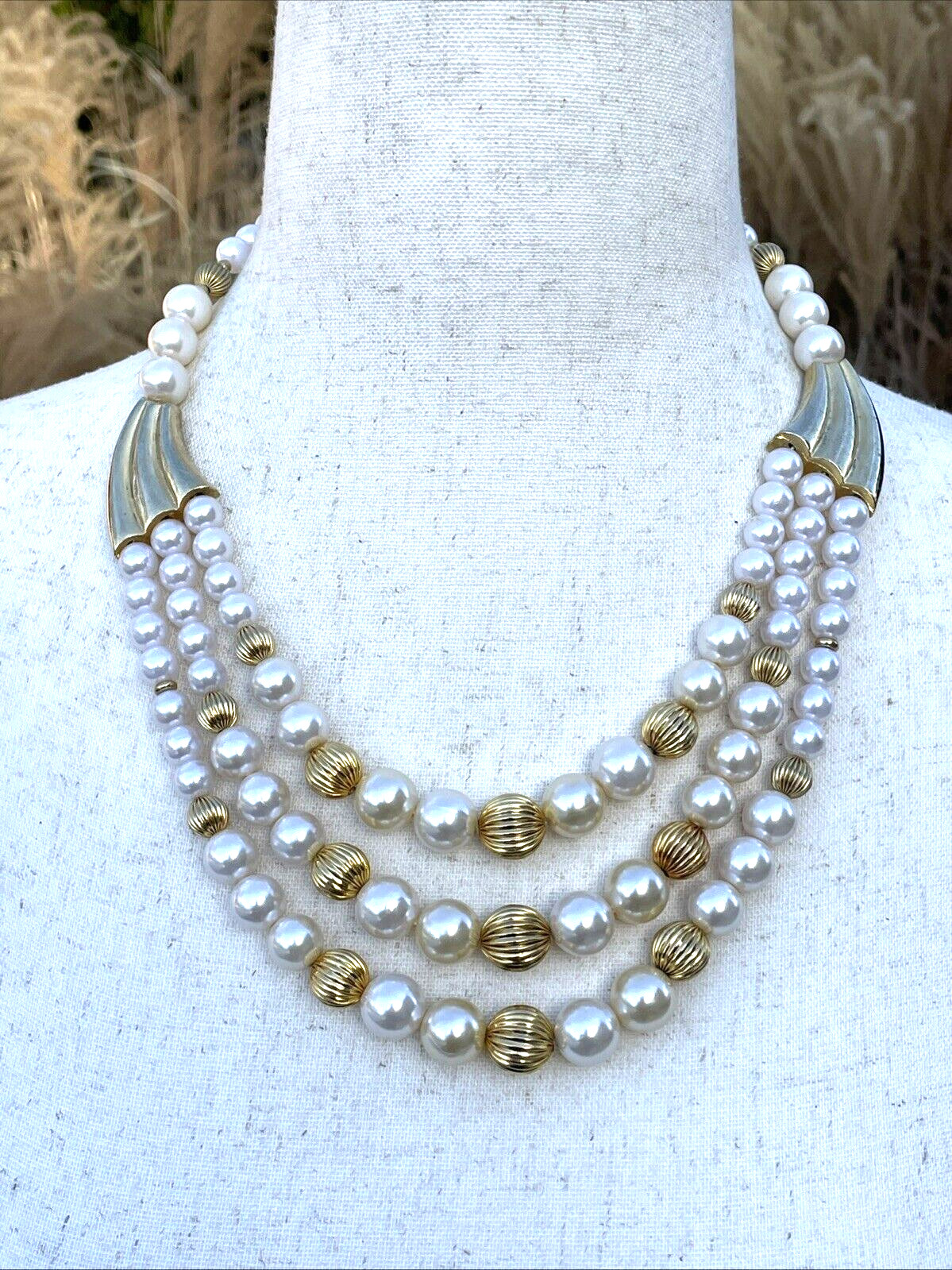 Vintage 1950’s Gold, White & Champagne Faux Pearls Bib Necklace