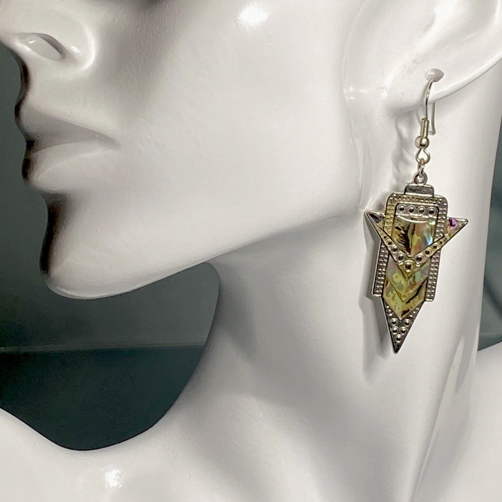 Art Deco Inlaid NZ Pāua Shell on Dangle Earrings 13g, Length Approximately 2”