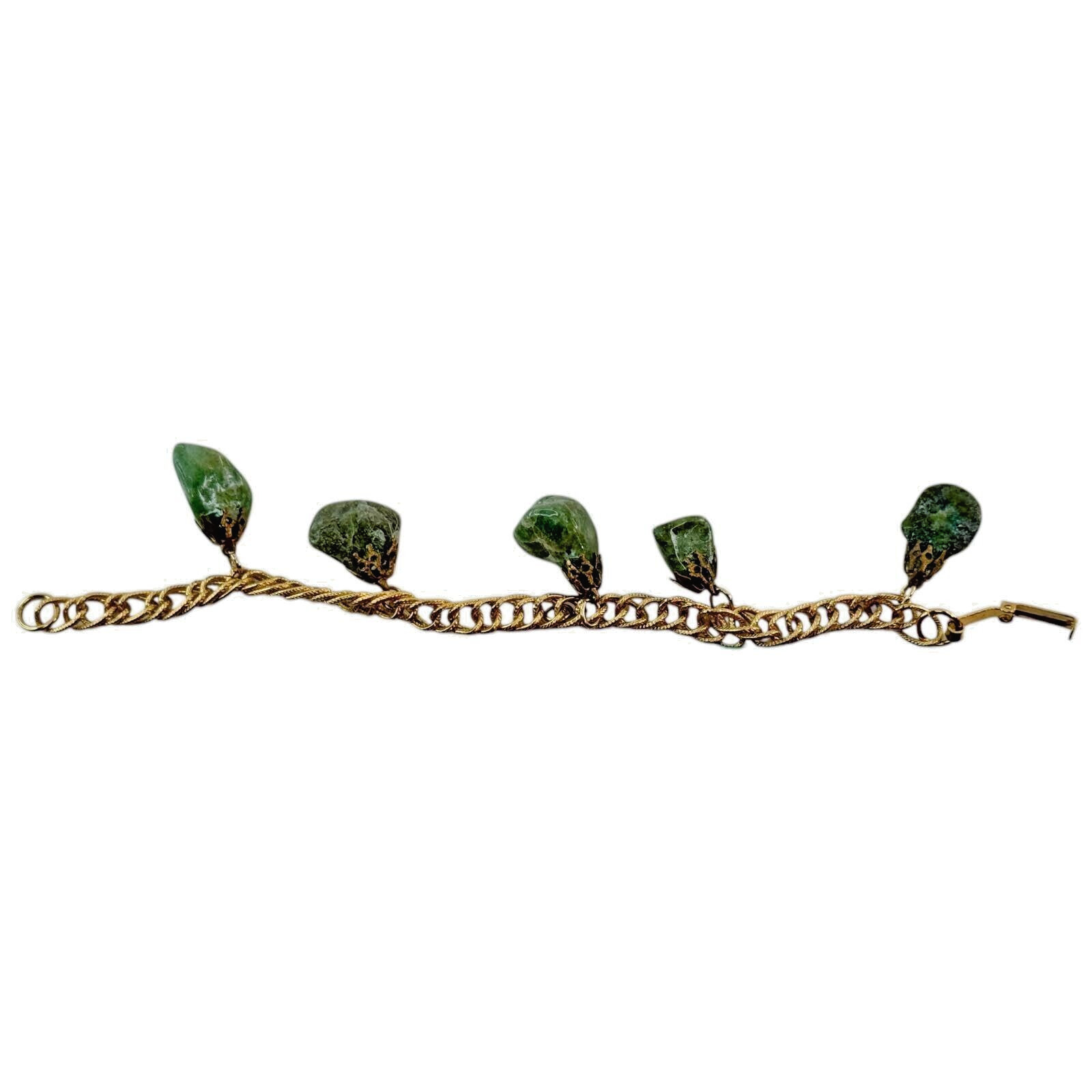 Vintage Epidote Polished Jadeite Stone Womens Chain Bracelet Green Gold Tone