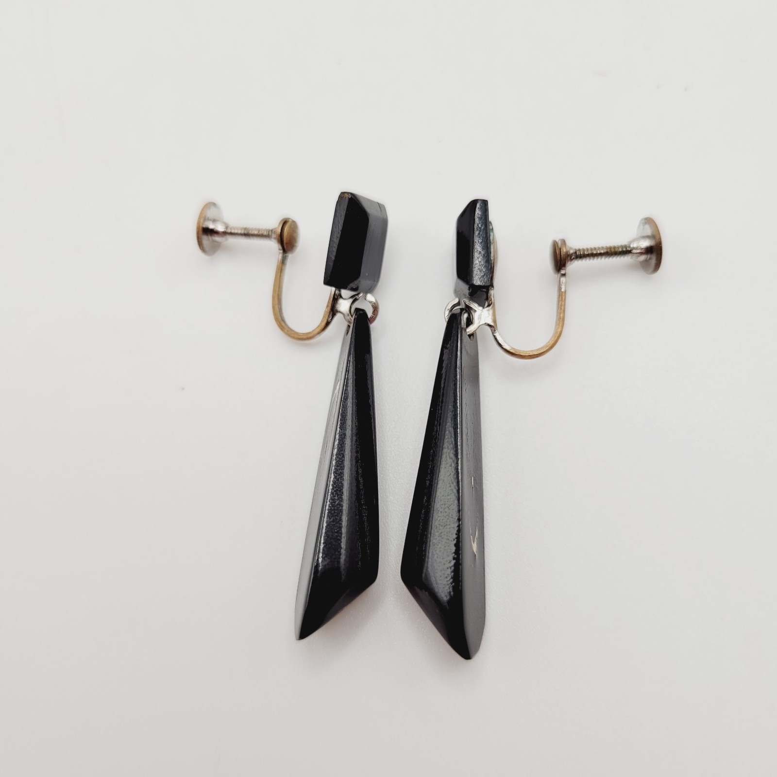 Hawaiian Natural Black Coral Vintage Screw Back Art Deco Style Dangle Earrings