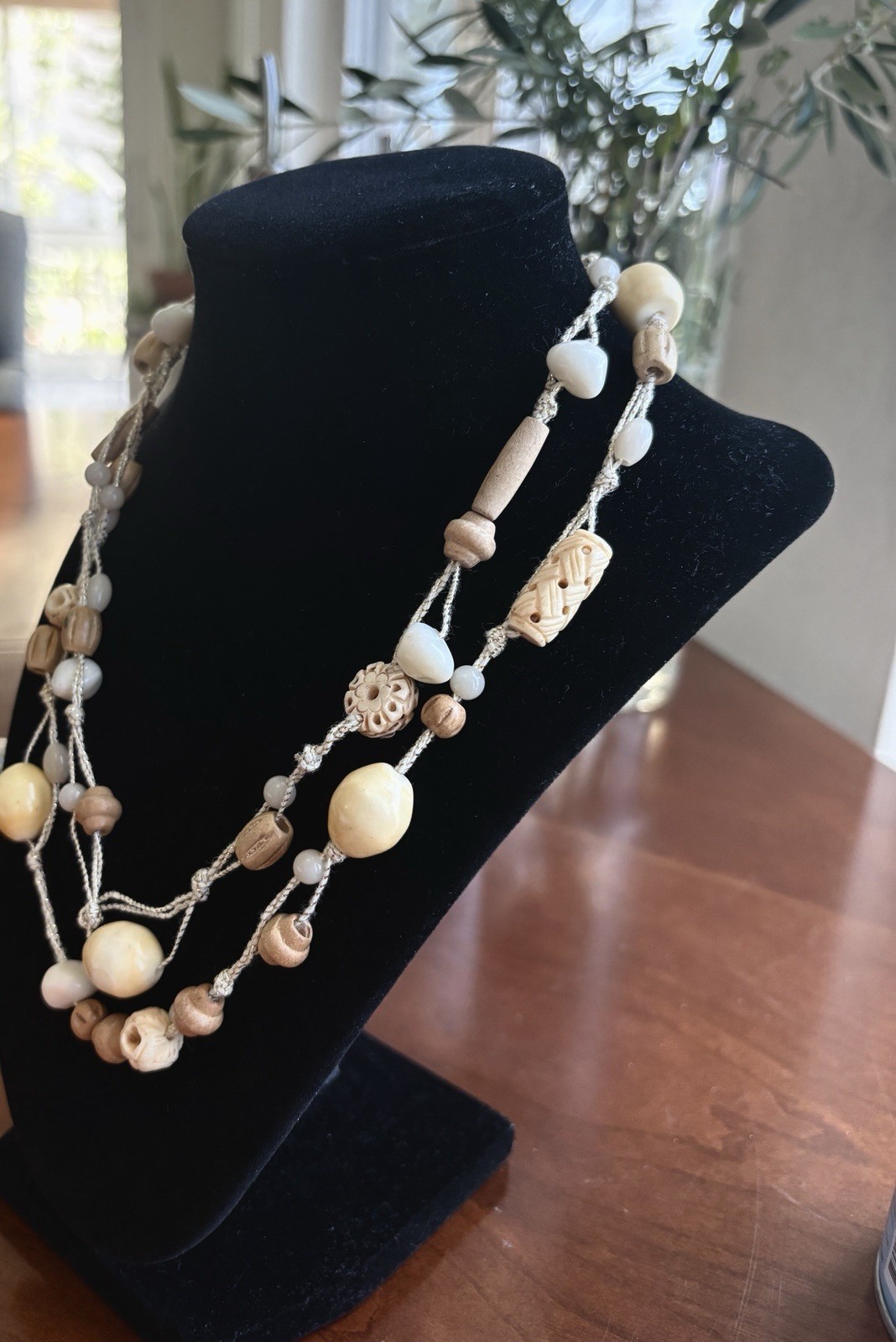 Vintage 90s Multi Strand Wood Bead Necklace Woven Cord Boho Bone Layered Choker