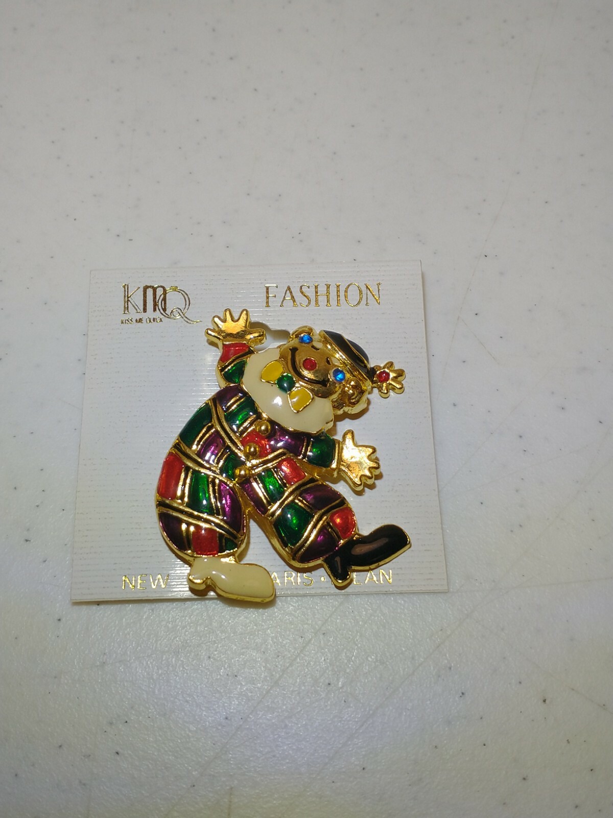 NOS Gold Tone Clown Pin Brooch with Red Blue Green Purple Yellow White Enamel