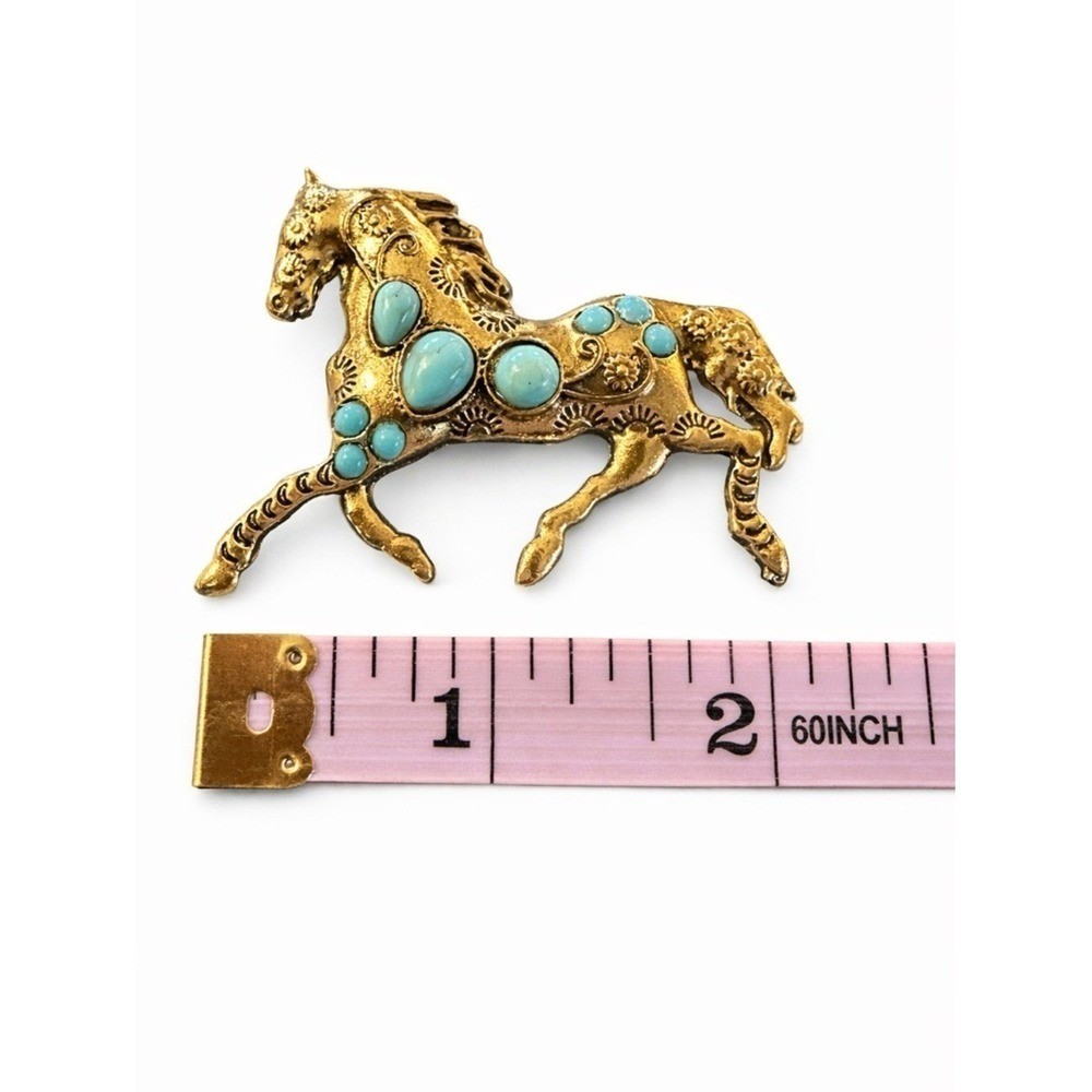Gold Tone Horse Brooch Turquoise Cabochon Stones Vintage Style Equestrian Pin
