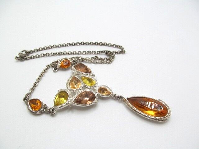 Vintage Yellow Orange Peach Glass Bead Setting Lariat Dangling Necklace 16.5 In