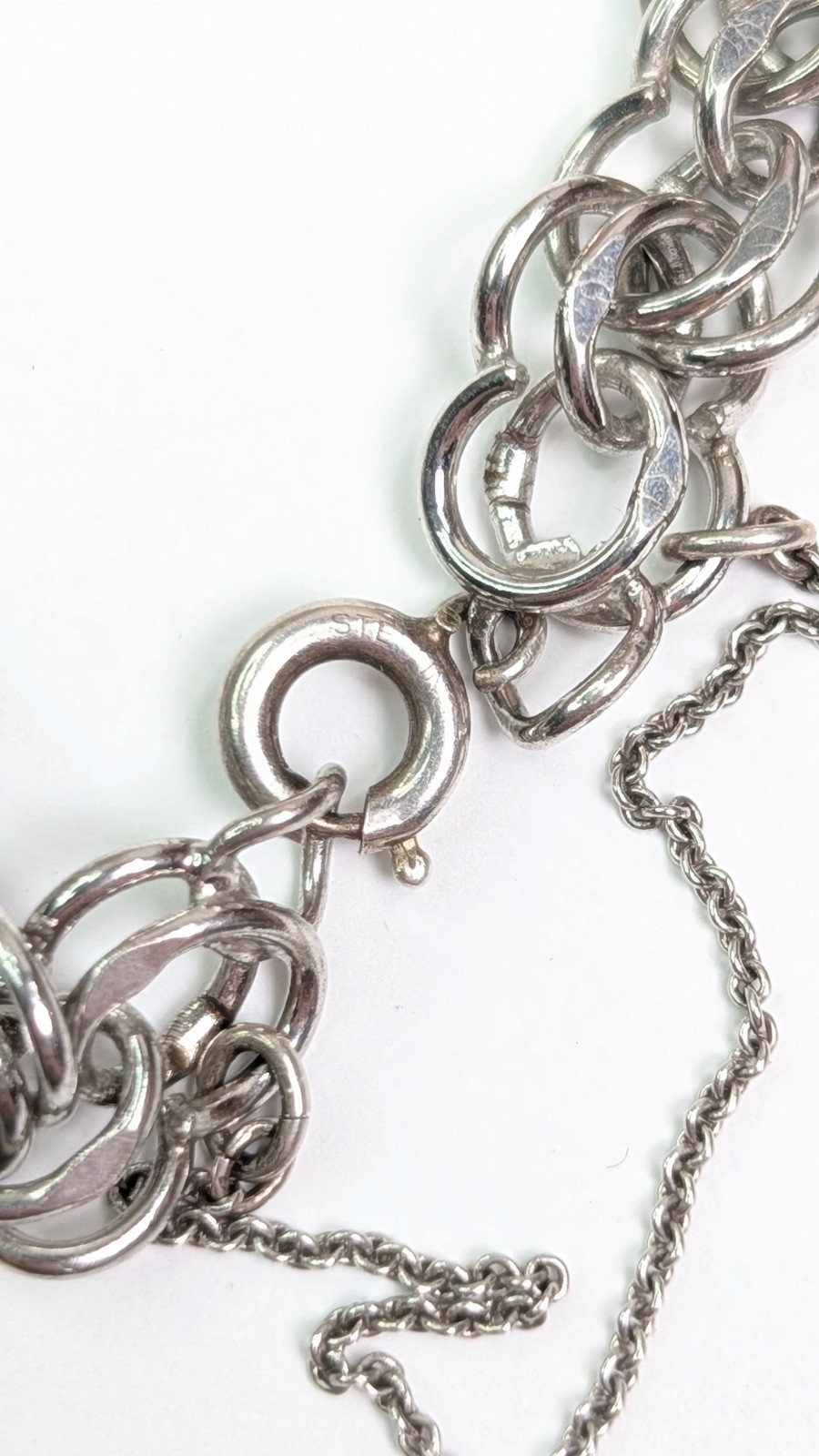 Vintage Sterling Silver Charm Bracelet Double Link 7″ Safety Chain C Clasp