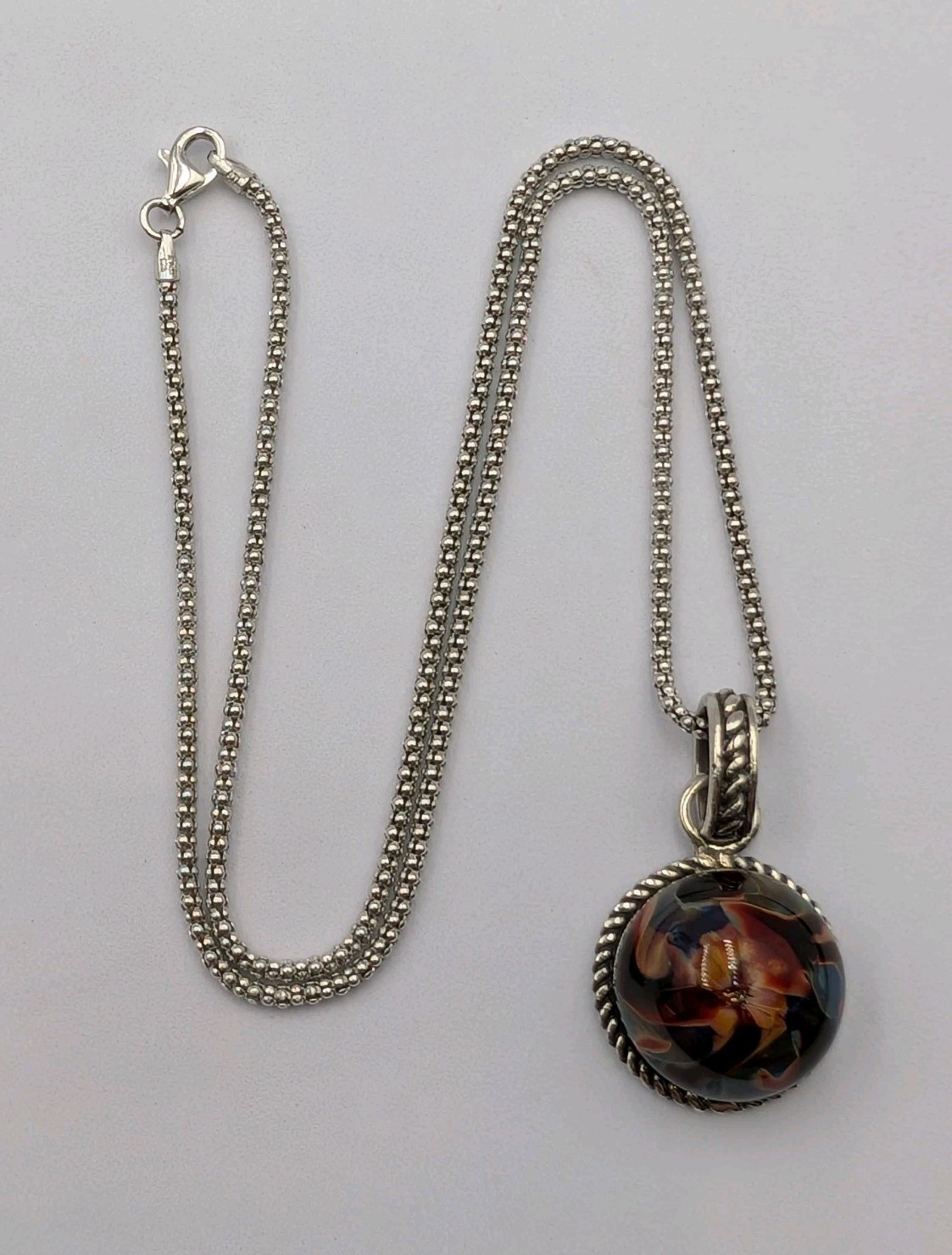 Vtg Sterling Silver Multi Color Art Glass Dome Pendant 18″ Popcorn 925 Necklace