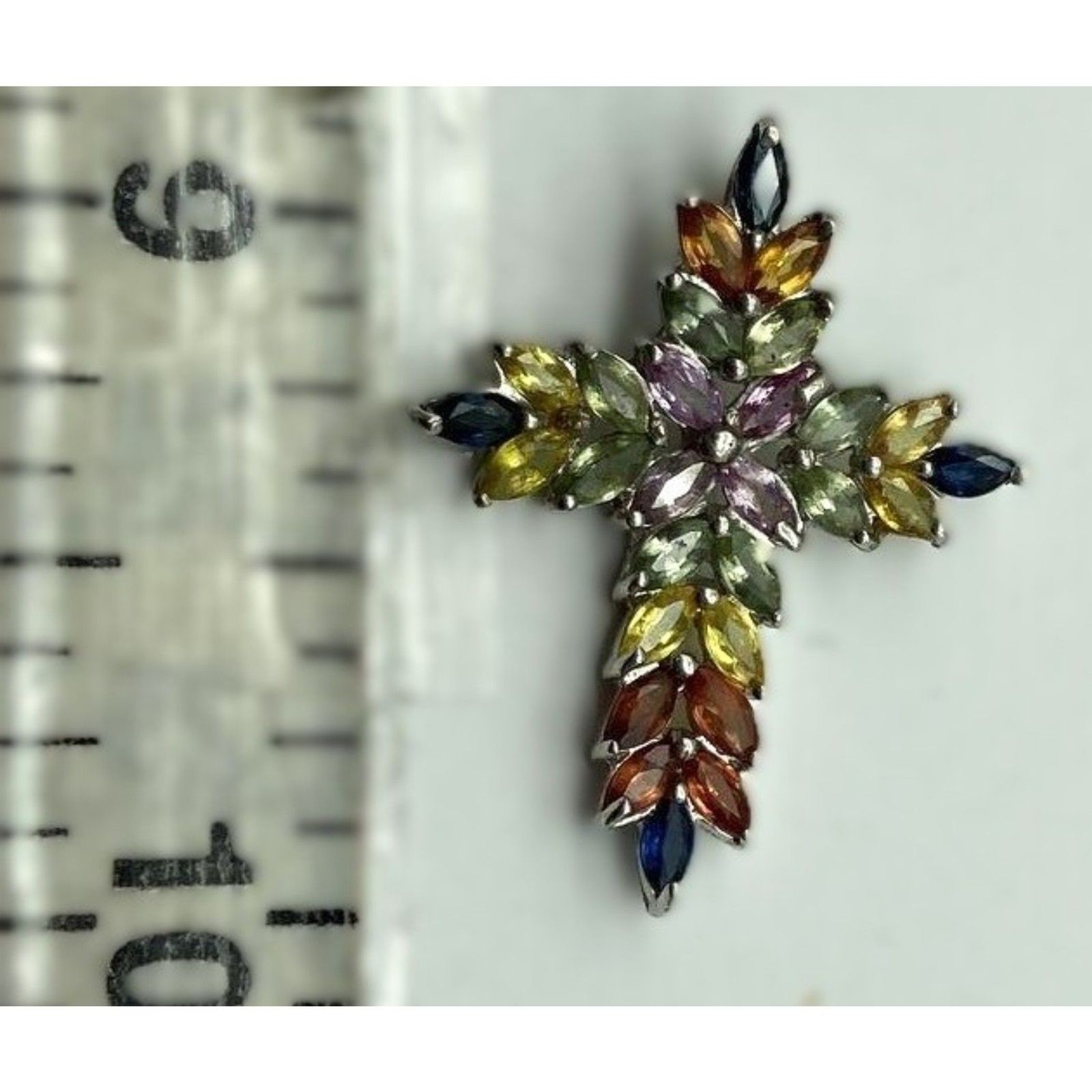 Sapphire Cross Pendant Prong Set Sterling Silver Multi Color pear cut 2.28g