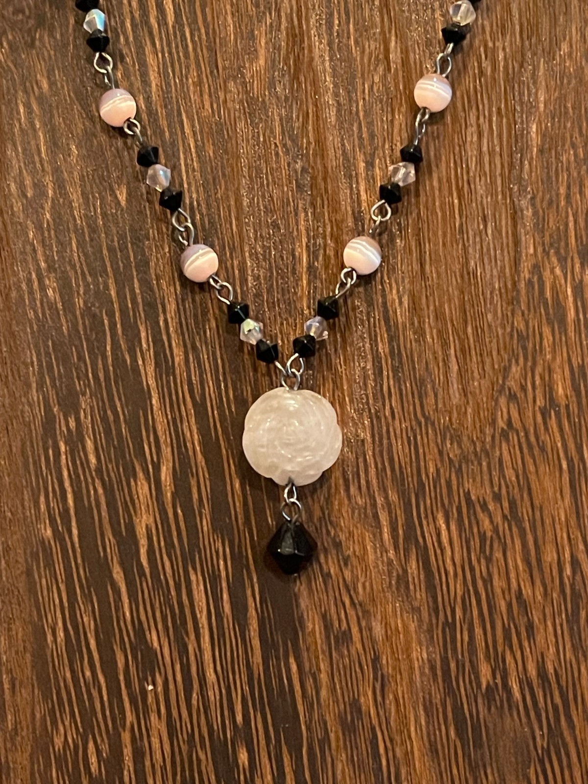 Vtg Choker Necklace With CARVED ROSE QUARTZ Pendant Faceted Black and AB Beads