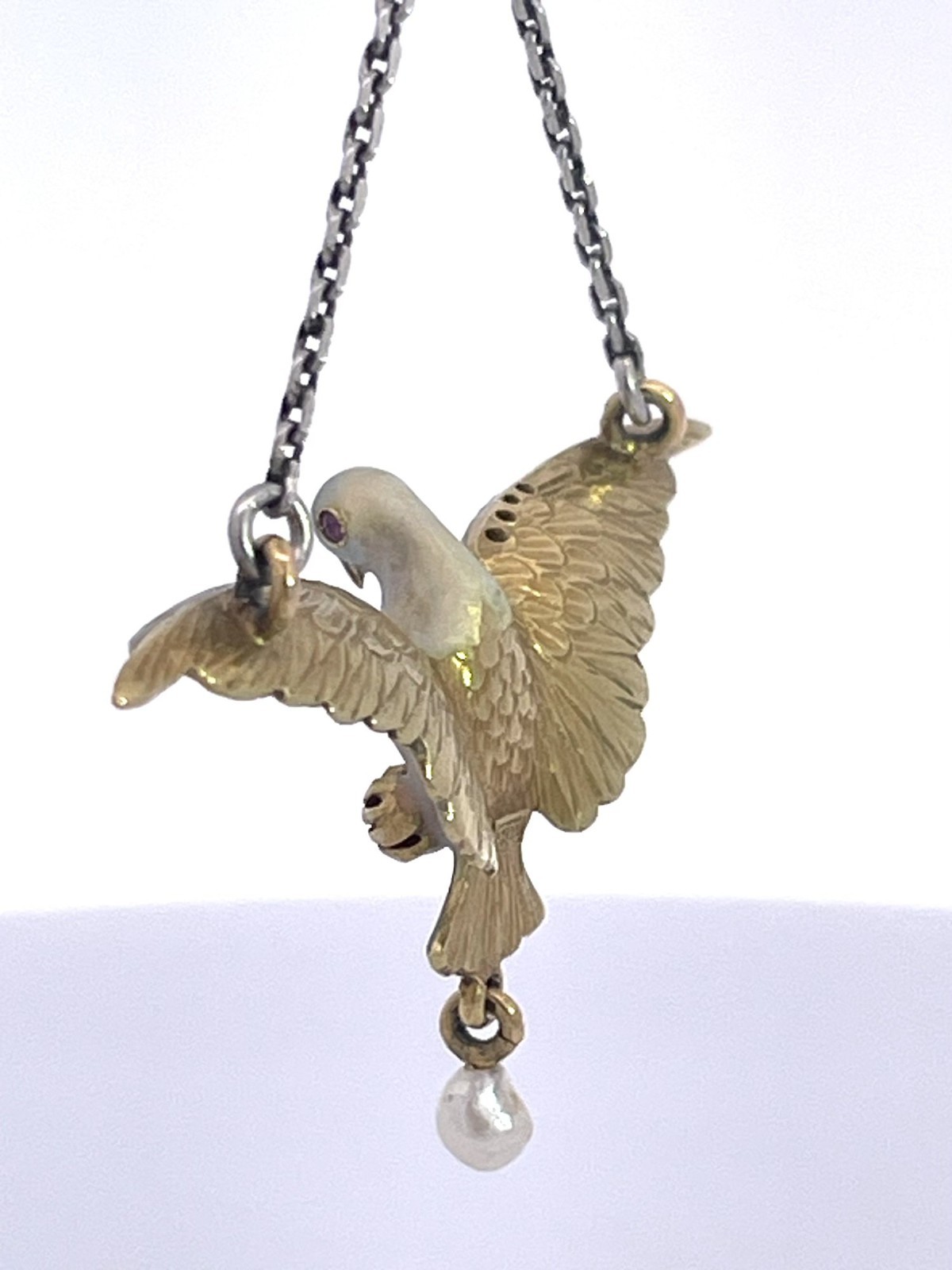 18K Enamel Dove on a Platinum Chain 17″ long