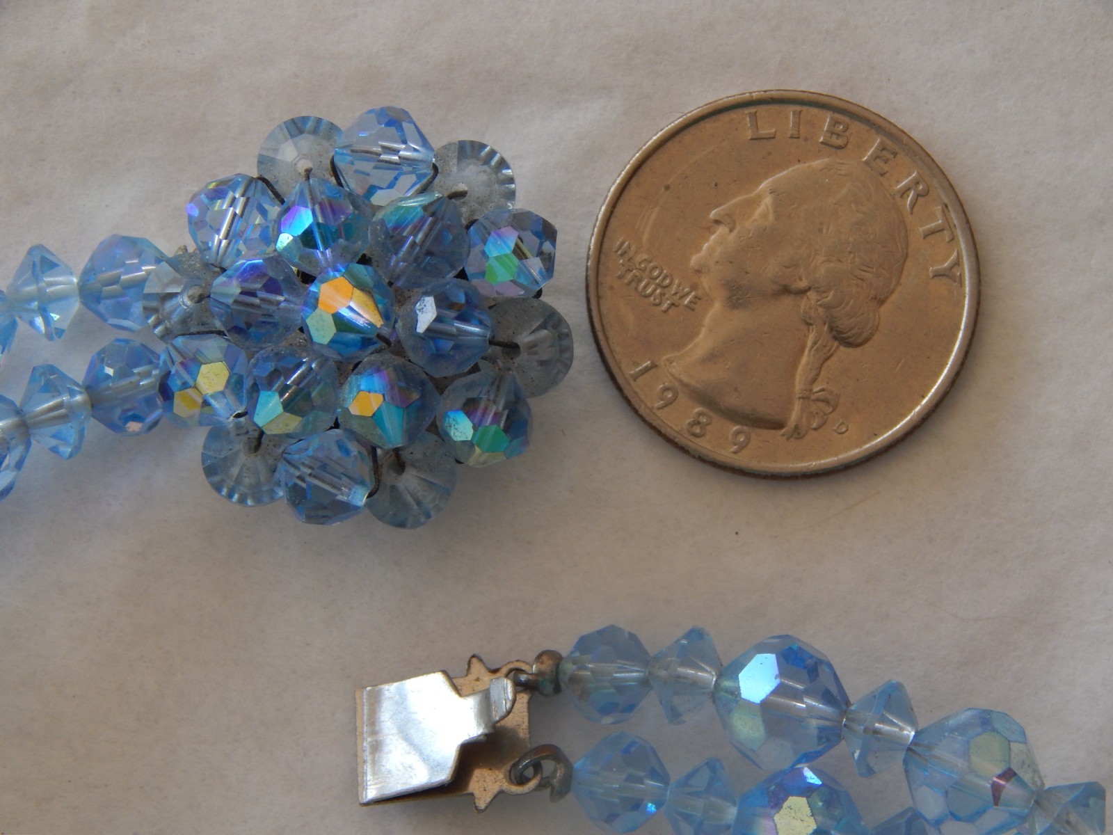 Vtg 2-Strand Blue AB Faceted Crystal Bead Necklace, Cluster Bead Clasp: 23″ Long