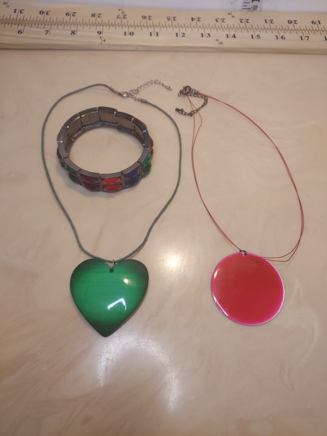 Vintage Costume Jewelry – Heart & Round Shaped Necklace, Multicolor Bracelet