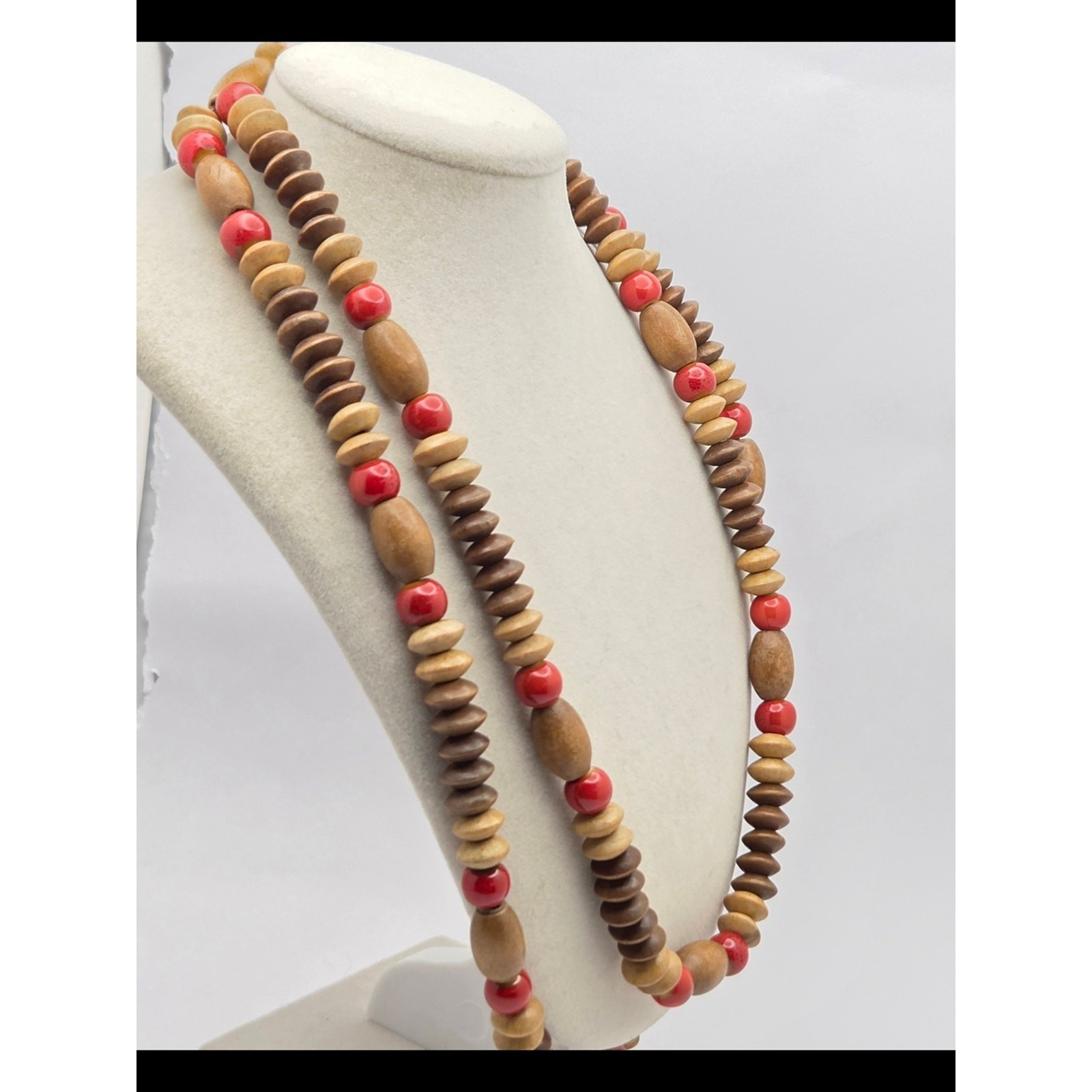 Vintage Multi-Strand Wood & Ceramic Bead Statement Necklace – 20” Boho